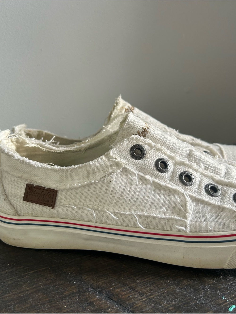 Blowfish White Canvas Slip-On Sneaker with Red & Blue Stripe